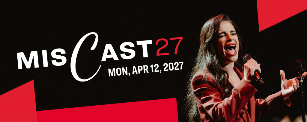 Lea Michele sings passionately into a microphone at a Miscast performance, wearing a red suit. Text: Miscast27. Monday, April 12, 2027.